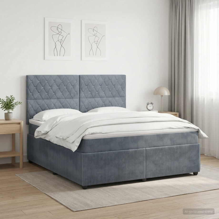 vidaXL LED Boxspring Bed met Matras Donkergrijs 140 x 200 cm Fluweel afbeelding 1