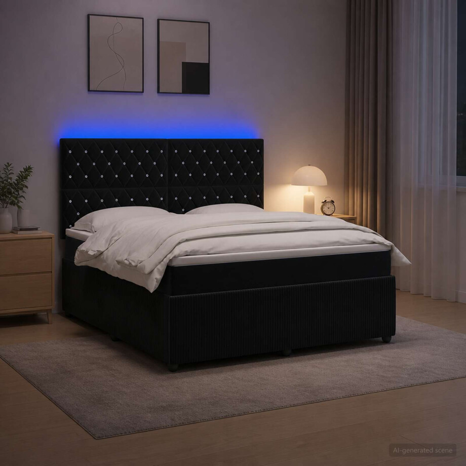 vidaXL LED Boxspring Bed met Matras Zwart 140 x 200 cm Fluweel vidaXL LED Boxspring Bed met Matras Zwart 140 x 200 cm Fluweel afbeelding 1