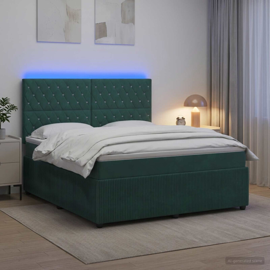 vidaXL LED Boxspring Bed met Matras Donkergroen 180 x 200 cm Fluweel vidaXL LED Boxspring Bed met Matras Donkergroen 180 x 200 cm Fluweel afbeelding 1