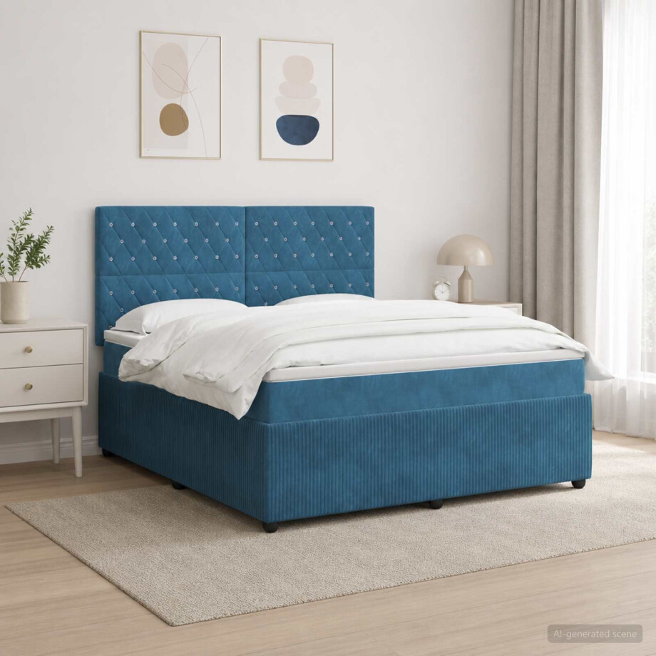 vidaXL LED Boxspring Bed met Matras Blauw 160 x 200 cm Fluweel afbeelding 1