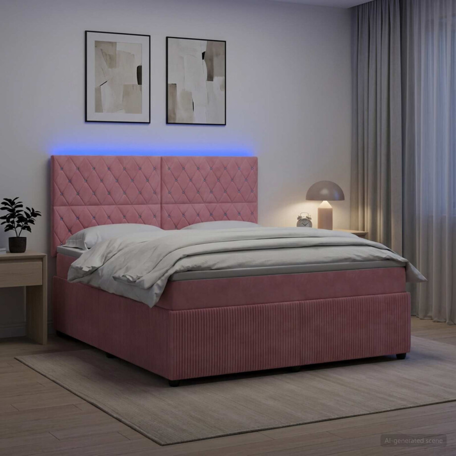 vidaXL LED Boxspring Bed met Matras Roze 160 x 200 cm Fluweel vidaXL LED Boxspring Bed met Matras Roze 160 x 200 cm Fluweel afbeelding 1