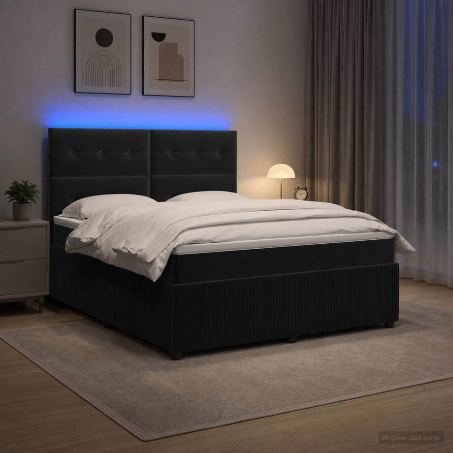 vidaXL LED Boxspring Bed met Matras Zwart 160 x 200 cm Fluweel vidaXL LED Boxspring Bed met Matras Zwart 160 x 200 cm Fluweel afbeelding 1