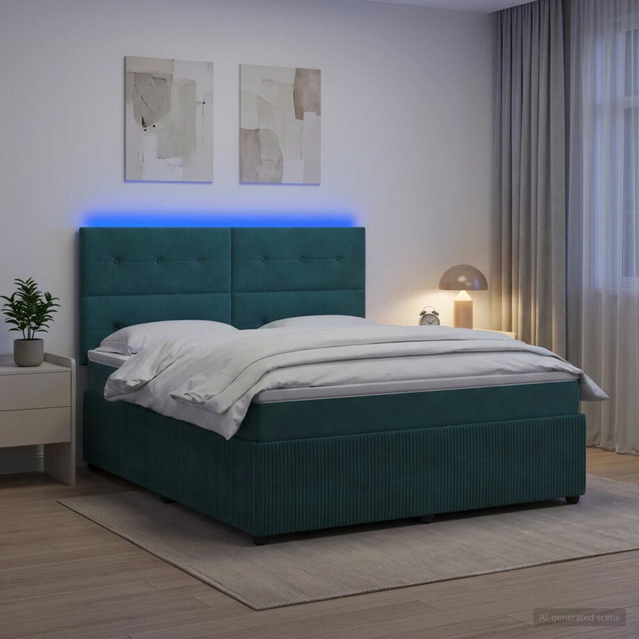 vidaXL LED Boxspring Bed met Matras Donkergroen 160 x 200 cm Fluweel vidaXL LED Boxspring Bed met Matras Donkergroen 160 x 200 cm Fluweel afbeelding 1