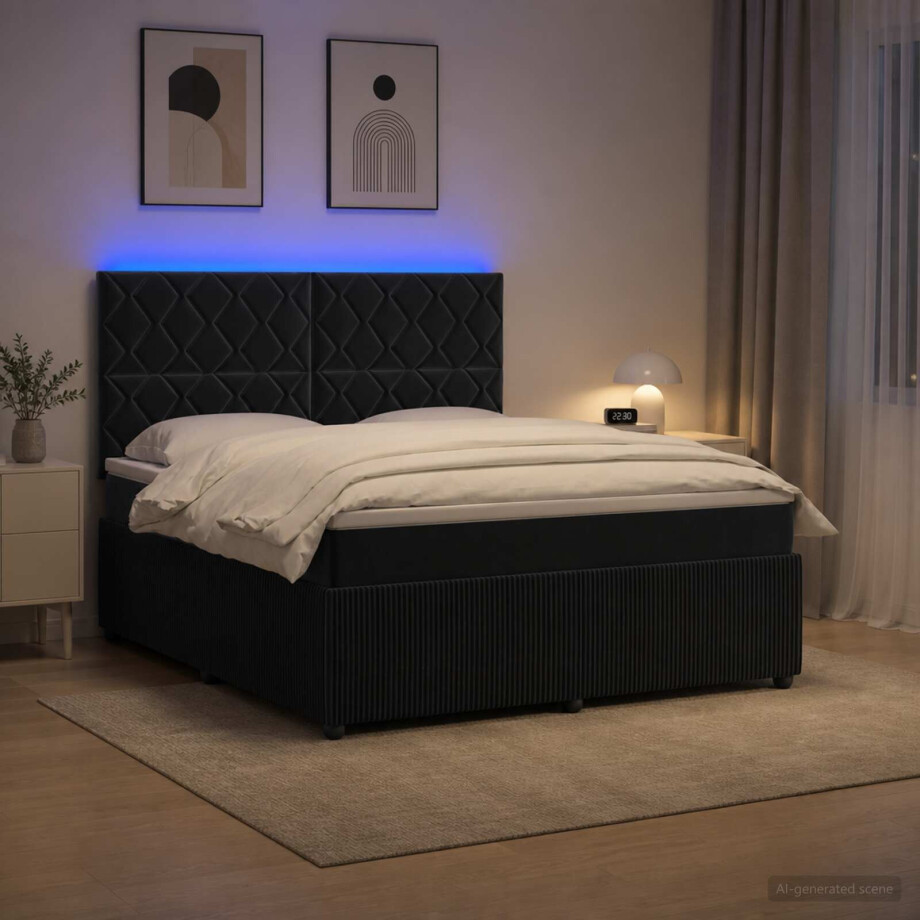 vidaXL LED Boxspring Bed met Matras Zwart 160 x 200 cm Fluweel afbeelding 1