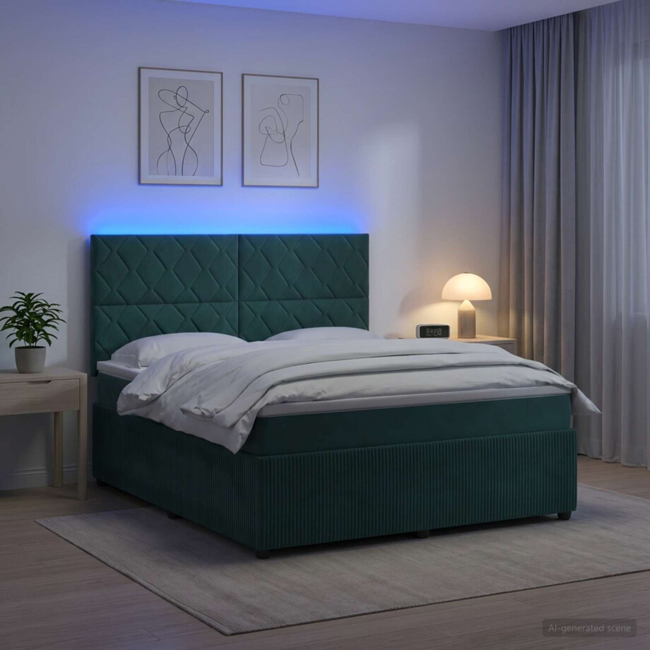 vidaXL LED Boxspring Bed met Matras Donkergroen 180 x 200 cm Fluweel afbeelding 1