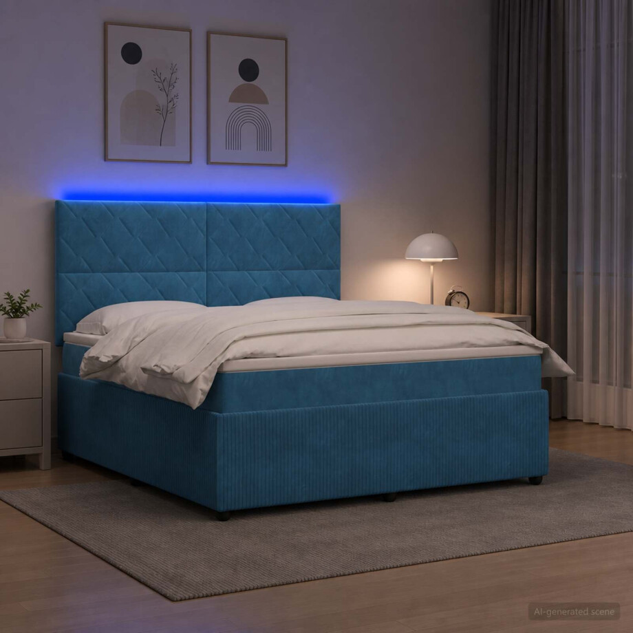 vidaXL LED Boxspring Bed met Matras Blauw 180 x 200 cm Fluweel afbeelding 1