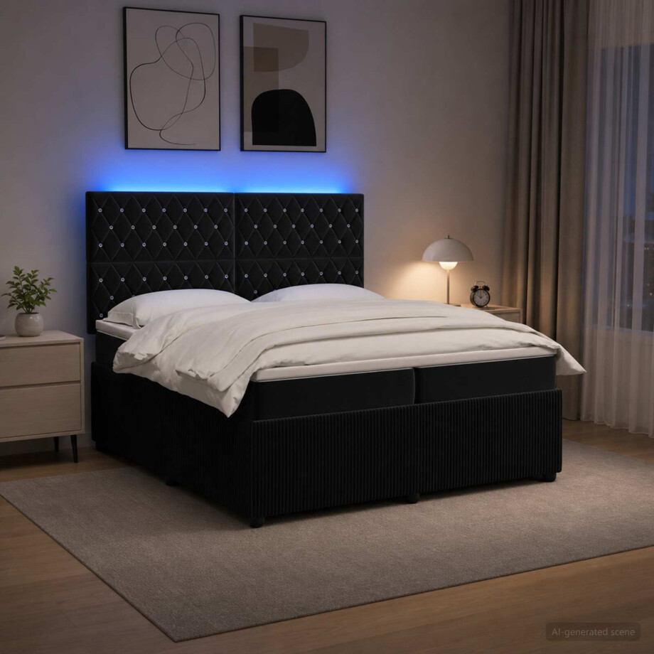 vidaXL LED Boxspring Bed met Matras Zwart 200 x 200 cm Fluweel vidaXL LED Boxspring Bed met Matras Zwart 200 x 200 cm Fluweel afbeelding 1