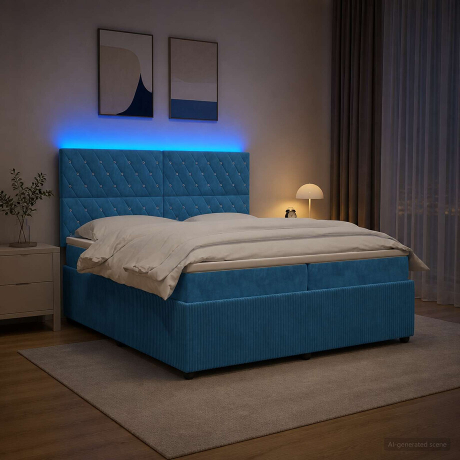 vidaXL LED Boxspring Bed met Matras Blauw 200 x 200 cm Fluweel afbeelding 1