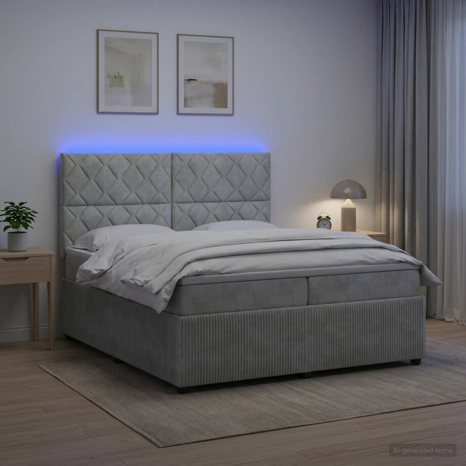 vidaXL LED Boxspring Bed met Matras Lichtgrijs 200 x 200 cm Fluweel afbeelding 1