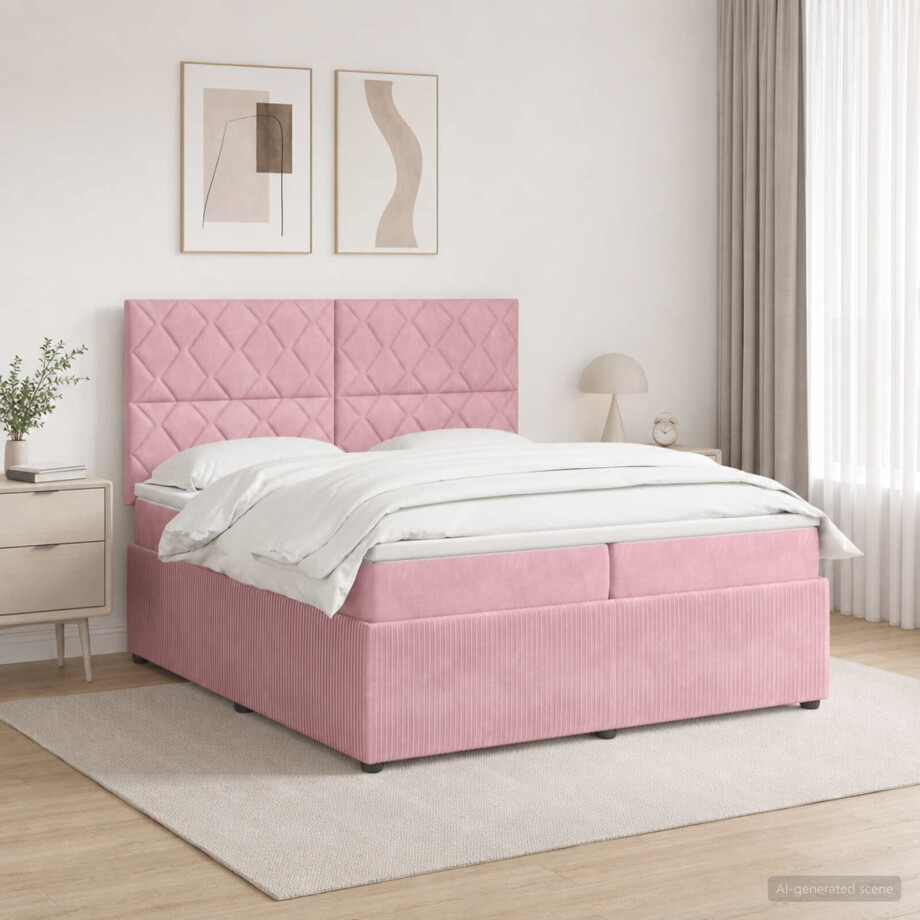vidaXL LED Boxspring Bed met Matras Roze 200 x 200 cm Fluweel vidaXL LED Boxspring Bed met Matras Roze 200 x 200 cm Fluweel afbeelding 1
