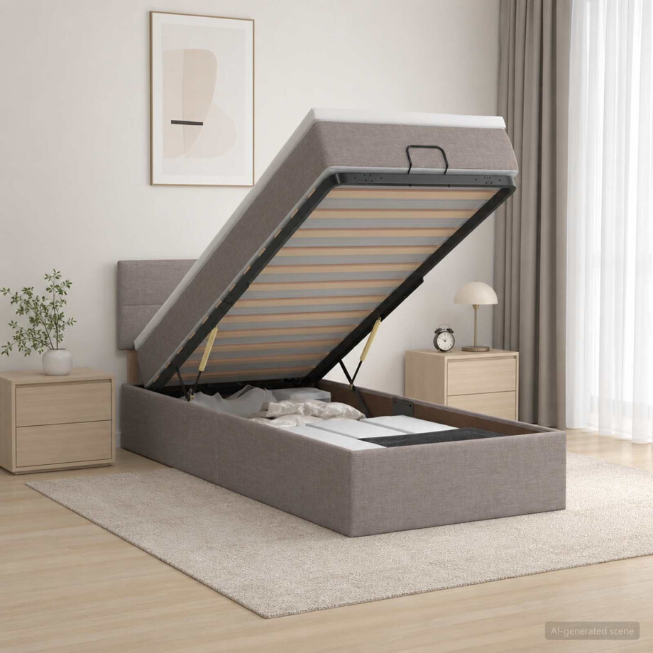 vidaXL Ottoman bed met matras met hoofdeinde Taupe 90 x 200 cm Stof afbeelding 1