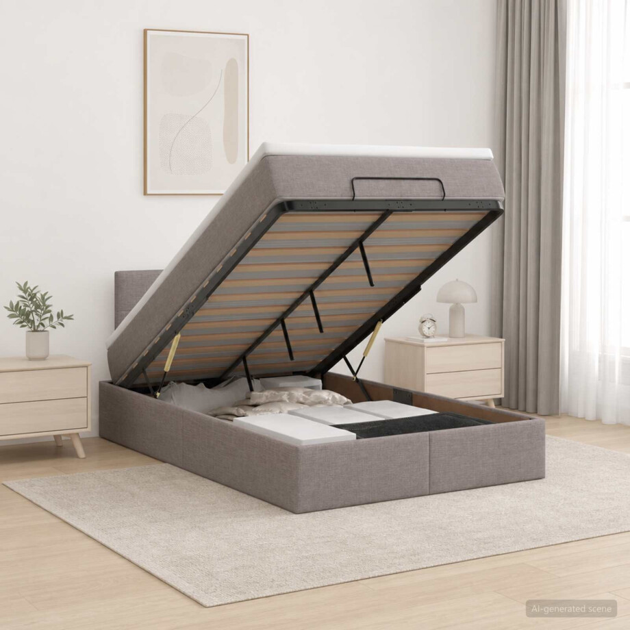 vidaXL Ottoman bed met matras met hoofdeinde Taupe 120 x 200 cm Stof afbeelding 1
