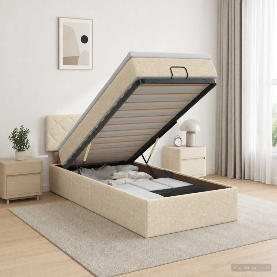 vidaXL Ottoman bed met matras Crèmekleurig 100 x 200 cm Stof afbeelding 1