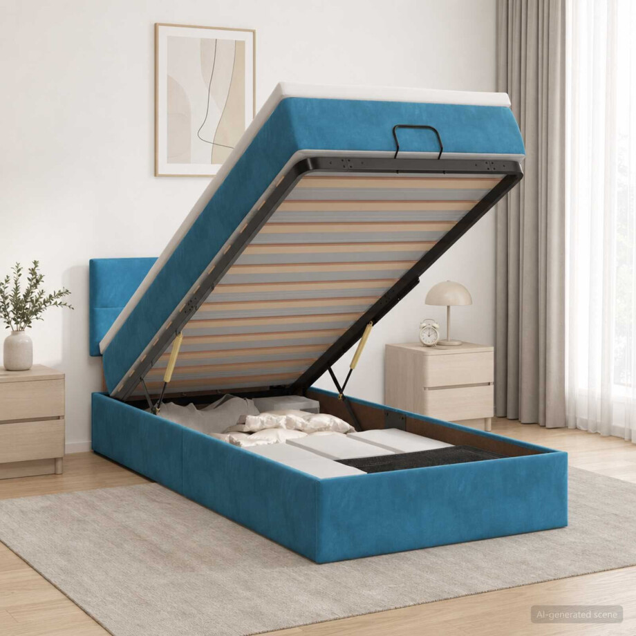 vidaXL Ottoman bed met matras Donkerblauw 90 x 190 cm Fluweel vidaXL Ottoman bed met matras Donkerblauw 90 x 190 cm Fluweel afbeelding 1