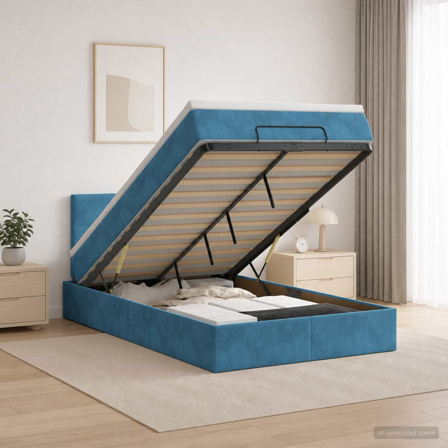 vidaXL Ottoman bed met matras Donkerblauw 120 x 200 cm Fluweel vidaXL Ottoman bed met matras Donkerblauw 120 x 200 cm Fluweel afbeelding 1