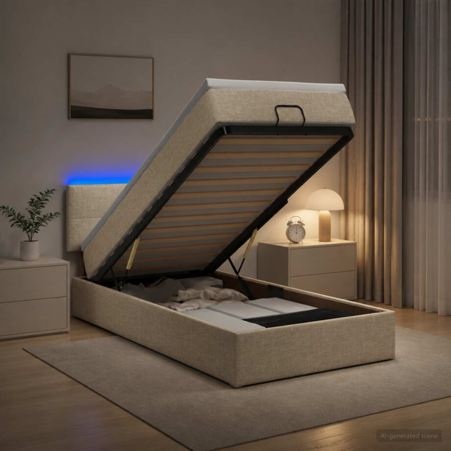 vidaXL Ottoman Bed met Matrassen en LED Crèmekleurig 100 x 200 cm Stof afbeelding 1