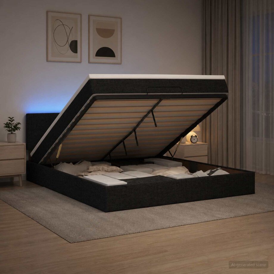 vidaXL Ottoman Bed met Matrassen en LED Zwart 140 x 190 cm Stof vidaXL Ottoman Bed met Matrassen en LED Zwart 140 x 190 cm Stof afbeelding 1