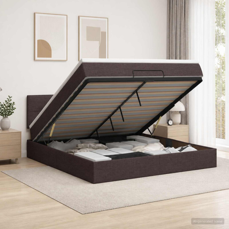 vidaXL Ottoman Bed met Matrassen en LED Donkerbruin 140 x 200 cm Stof afbeelding 1