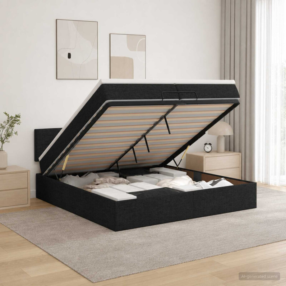 vidaXL Ottoman Bed met Matrassen en LED Zwart 200 x 200 cm Stof vidaXL Ottoman Bed met Matrassen en LED Zwart 200 x 200 cm Stof afbeelding 1