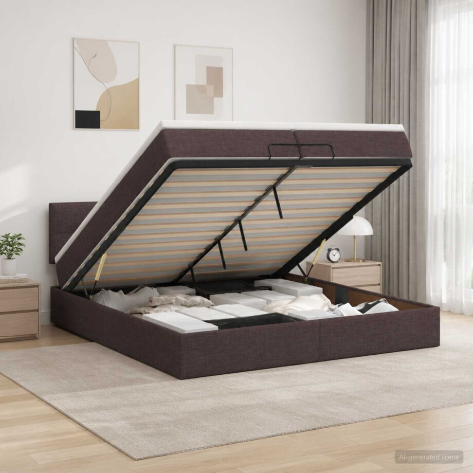 vidaXL Ottoman bed met matras Donkerbruin 200 x 200 cm Stof afbeelding 1