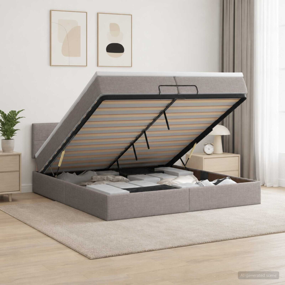 vidaXL Ottoman bed met matras met hoofdeinde Taupe 200 x 200 cm Stof afbeelding 1
