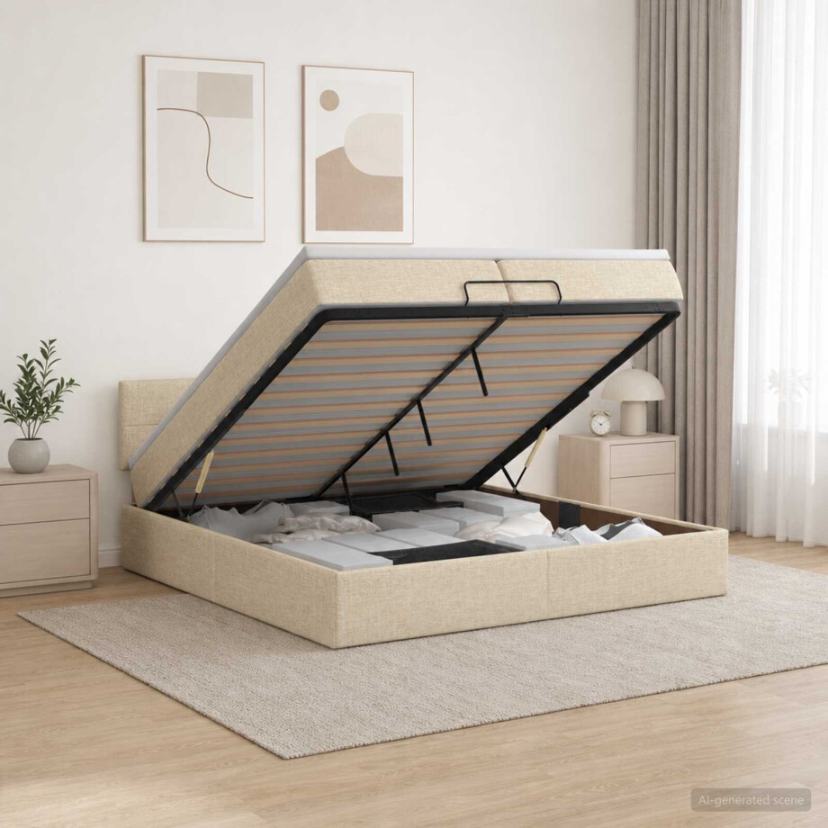vidaXL Ottoman bed met matras Crèmekleurig 200 x 200 cm Stof vidaXL Ottoman bed met matras Crèmekleurig 200 x 200 cm Stof afbeelding 1