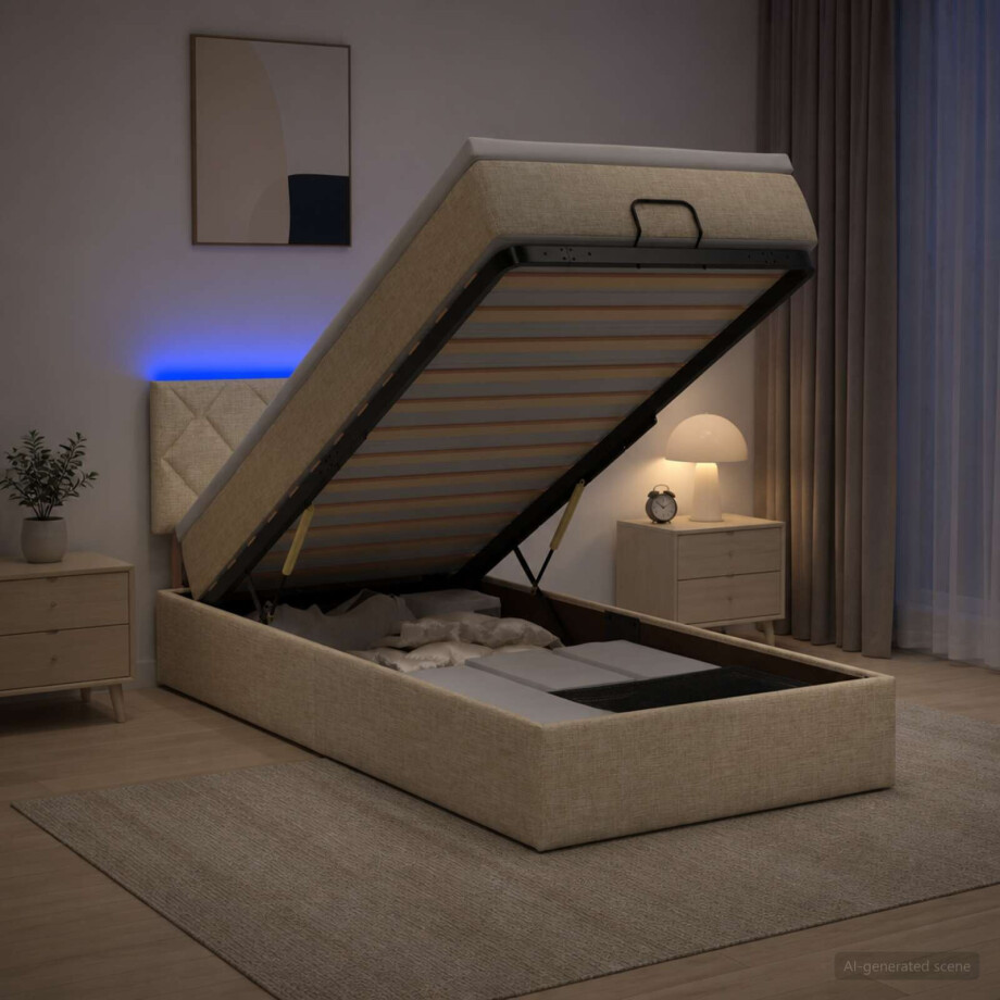 vidaXL Ottoman Bed met Matrassen en LED Crèmekleurig 100 x 200 cm Stof afbeelding 1