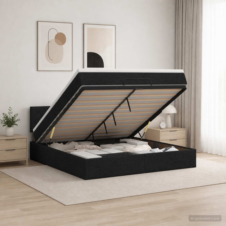 vidaXL Ottoman bed met matras met hoofdeinde Zwart 160 x 200 cm Stof vidaXL Ottoman bed met matras met hoofdeinde Zwart 160 x 200 cm Stof afbeelding 1