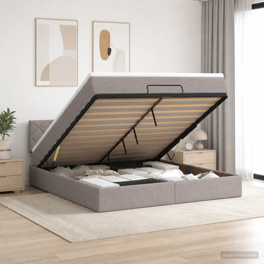 vidaXL Ottoman bed met matras met hoofdeinde Taupe 140 x 200 cm Stof afbeelding 1