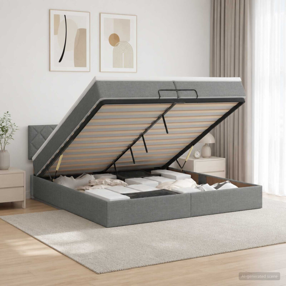 vidaXL Ottoman bed met matras Donkergrijs 200 x 200 cm Stof vidaXL Ottoman bed met matras Donkergrijs 200 x 200 cm Stof afbeelding 1