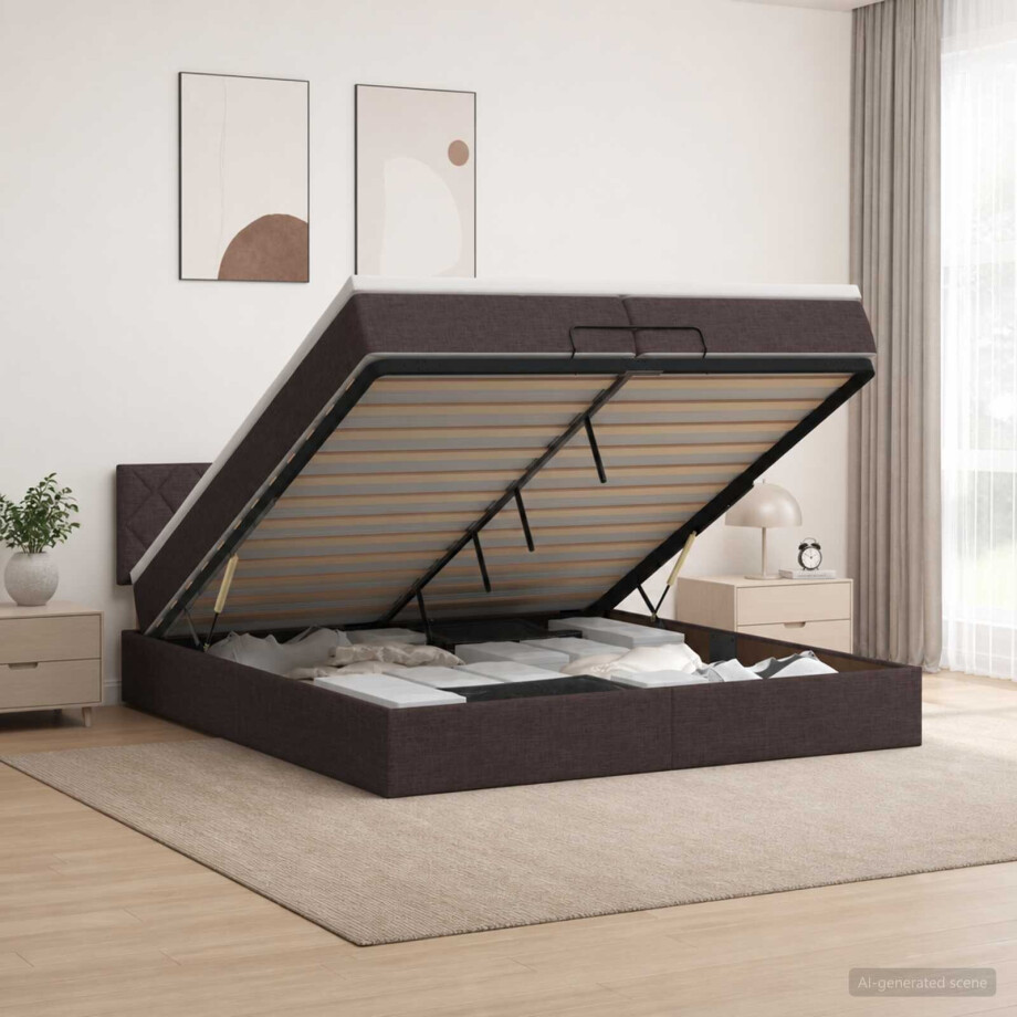 vidaXL Ottoman Bed met Matrassen en LED Donkerbruin 200 x 200 cm Stof afbeelding 1