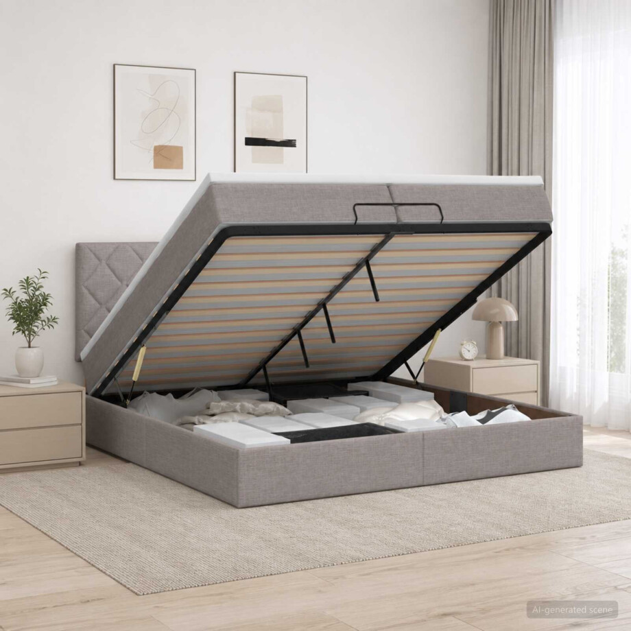 vidaXL Ottoman bed met matras met hoofdeinde Taupe 200 x 200 cm Stof afbeelding 1