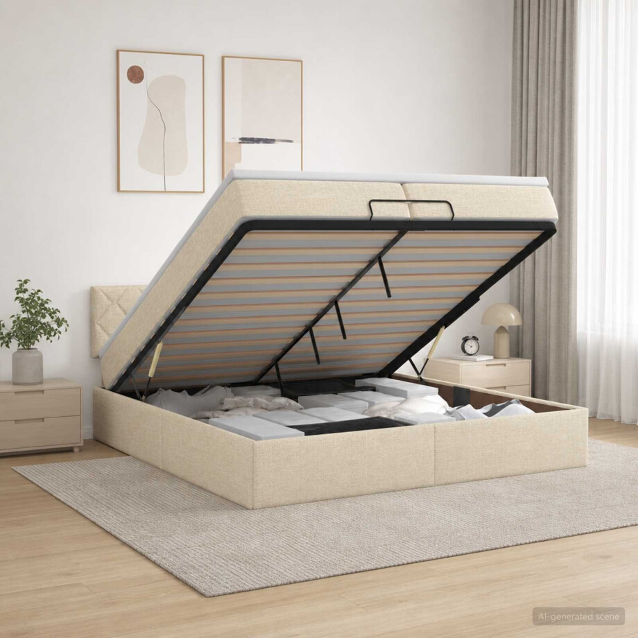 vidaXL Ottoman bed met matras Crèmekleurig 200 x 200 cm Stof afbeelding 1