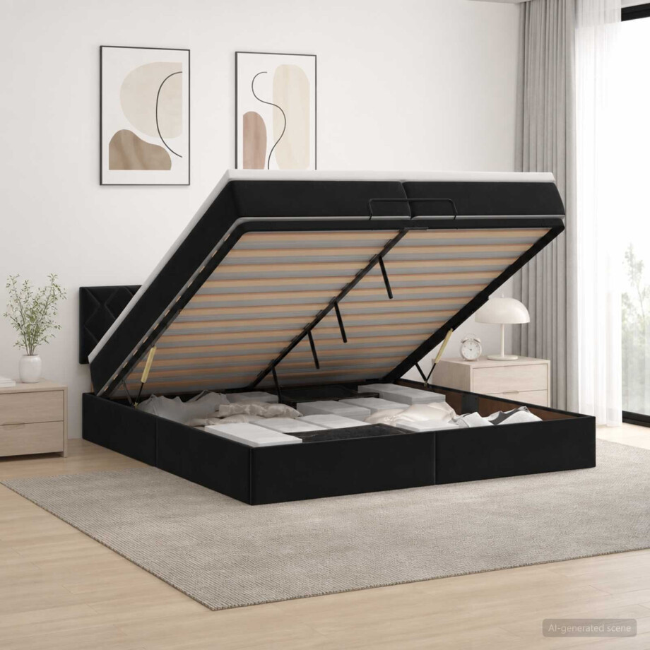 vidaXL Ottoman bed met matras Zwart 200 x 200 cm Fluweel afbeelding 1
