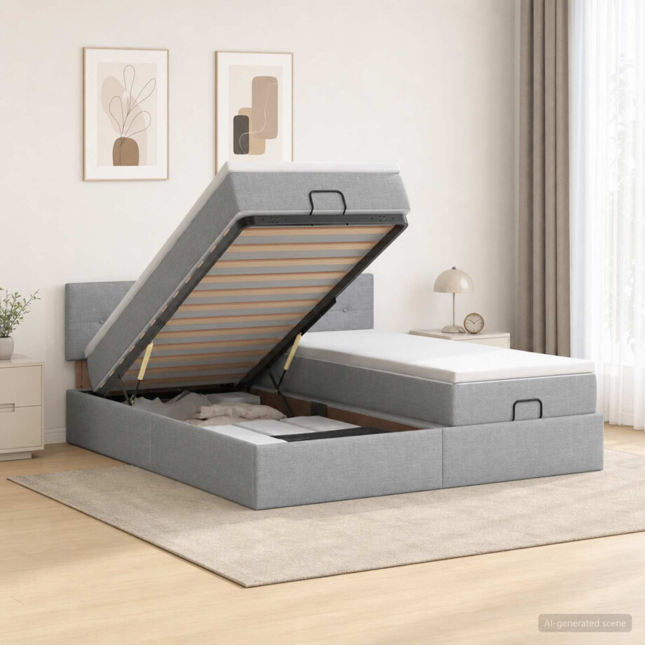vidaXL Ottoman bed met matras met hoofdeinde 2 st Lichtgrijs Stof afbeelding 1