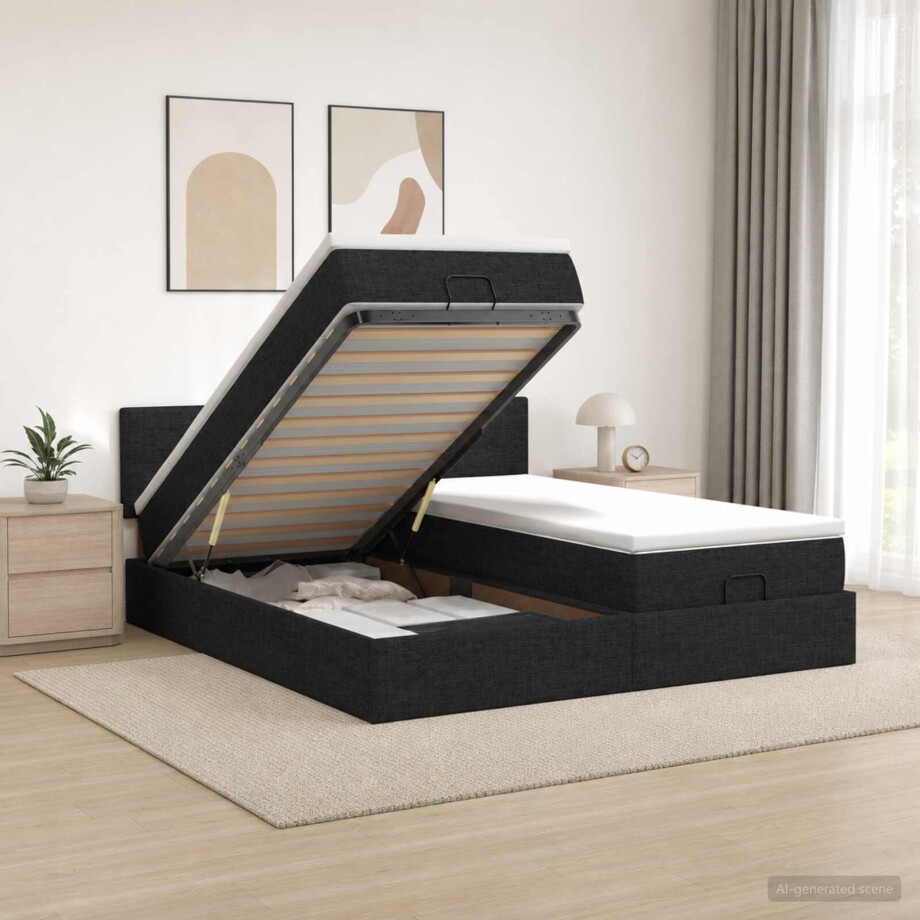 vidaXL Ottoman bed met matras 2 st Zwart 200 x 200 cm Stof afbeelding 1