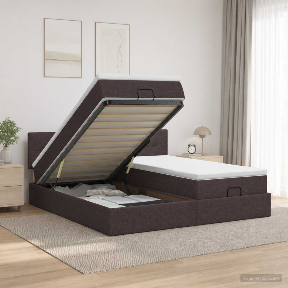 vidaXL Ottoman bed met matras met hoofdeinde 2 st Donkerbruin Stof afbeelding 1