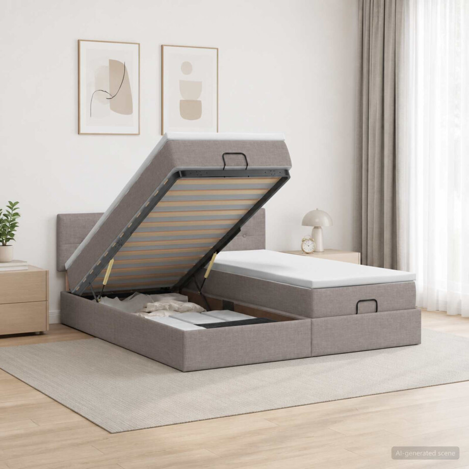 vidaXL Ottoman bed met matras met hoofdeinde 2 st Taupe Stof afbeelding 1