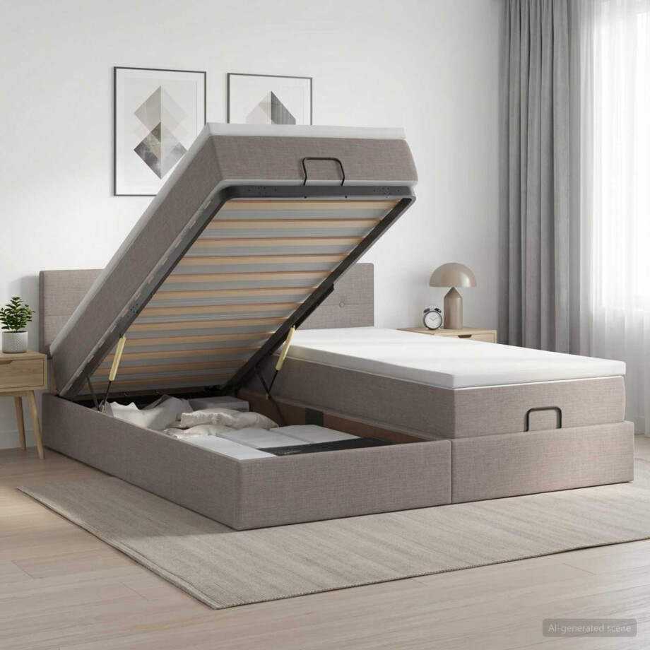 vidaXL Ottoman Bed met Matrassen en LED Taupe 200 x 200 cm Stof vidaXL Ottoman Bed met Matrassen en LED Taupe 200 x 200 cm Stof afbeelding 1