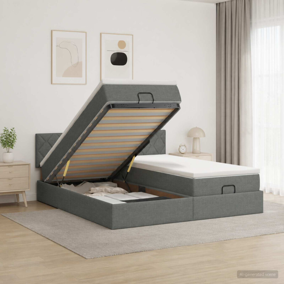 vidaXL Ottoman bed met matras met hoofdeinde 2 st Donkergrijs Stof afbeelding 1