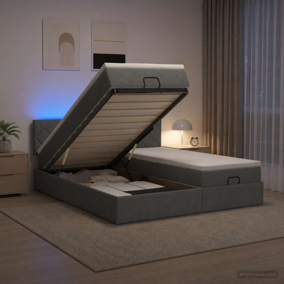 vidaXL Ottoman Bed met Matrassen en LED Donkergrijs 200 x 200 cm Stof afbeelding 1