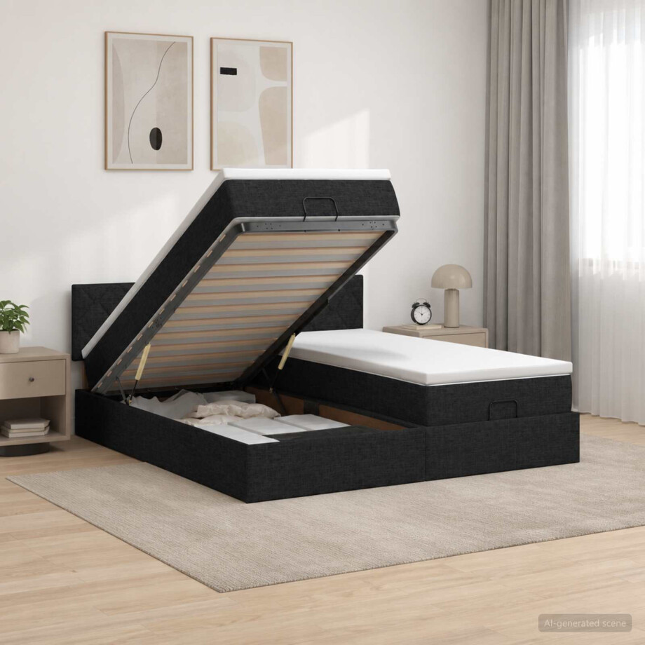 vidaXL Ottoman bed met matras met hoofdeinde 2 st Zwart Stof afbeelding 1