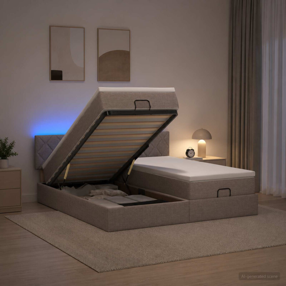vidaXL Ottoman Bed met Matrassen en LED Taupe 160 x 200 cm Stof afbeelding 1