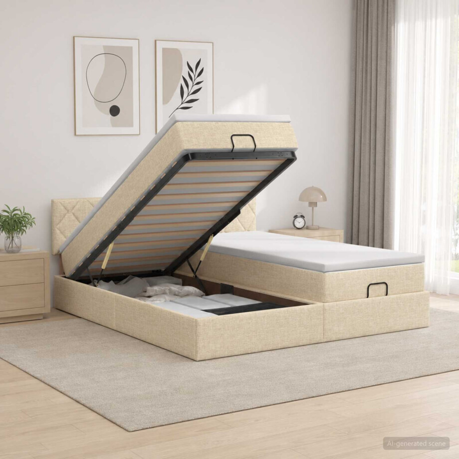 vidaXL Ottoman bed met matras met hoofdeinde 2 st Crèmekleurig Stof afbeelding 1