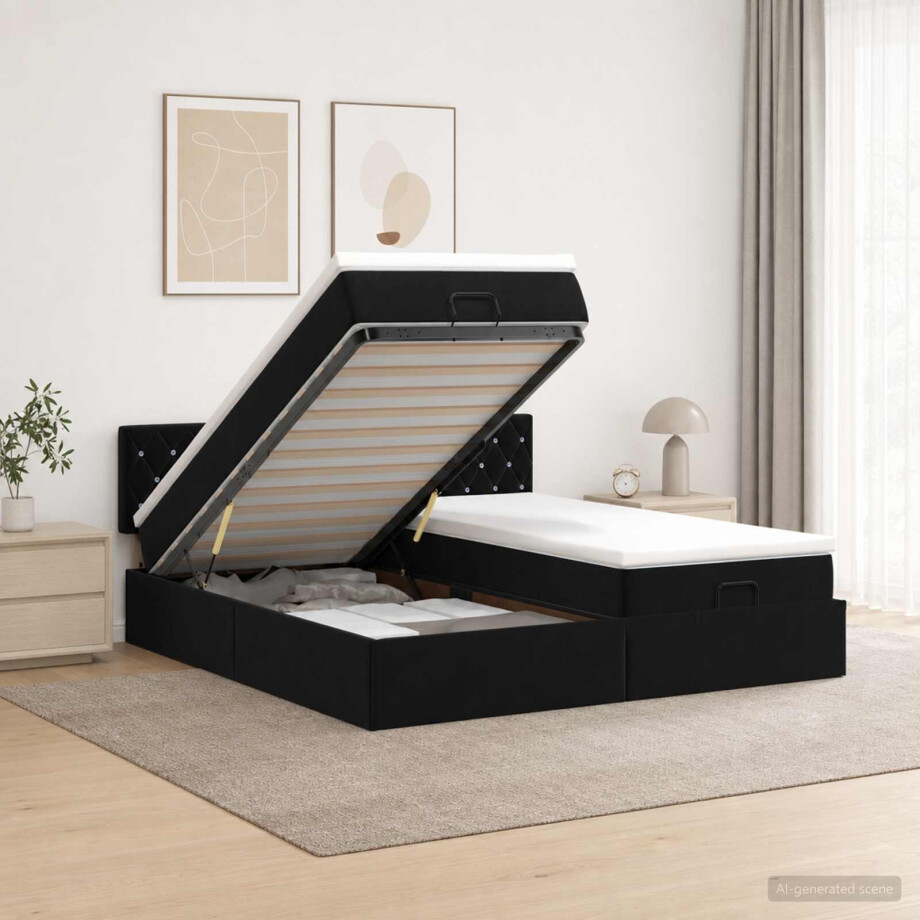 vidaXL Ottoman bed met matras met hoofdeinde 2 pcs Zwart Fluweel afbeelding 1