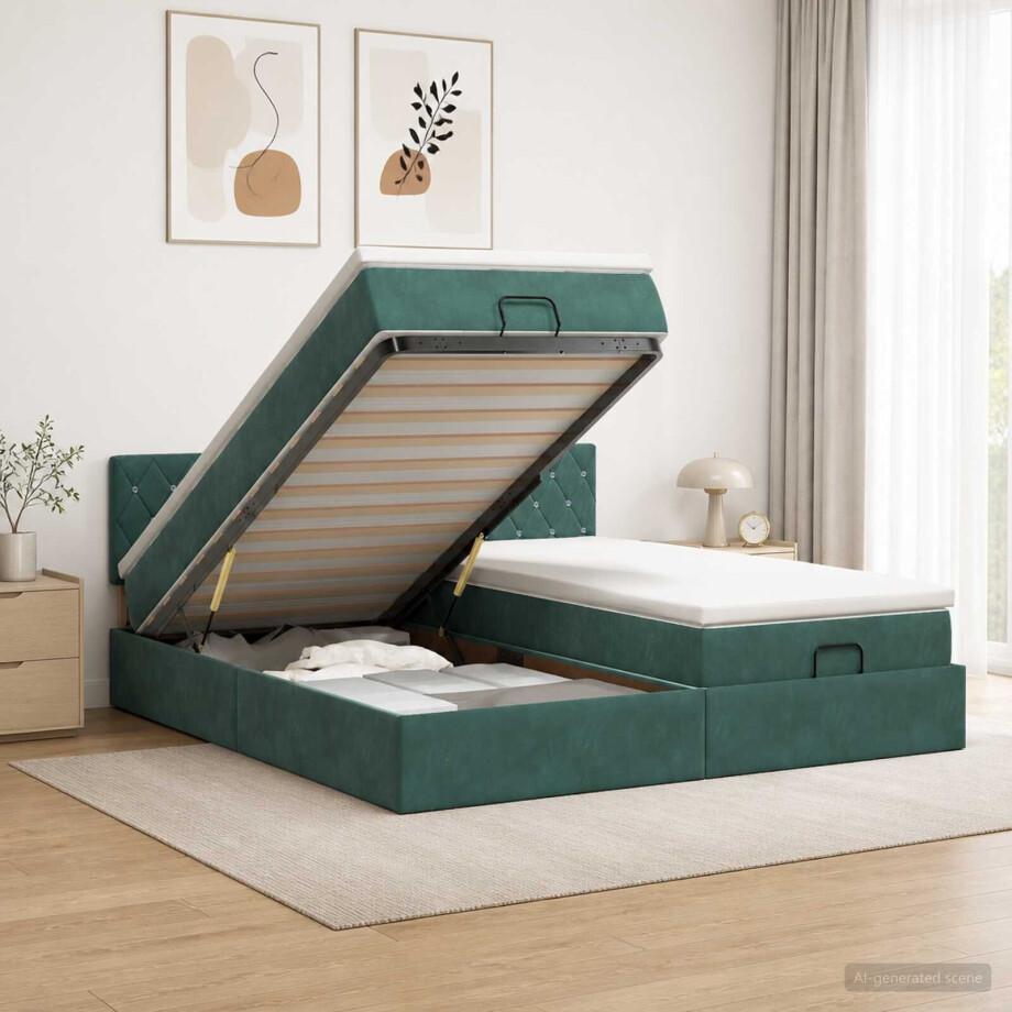 vidaXL Ottoman bed met matras met hoofdeinde 2 pcs Donkergroen Fluweel afbeelding 1