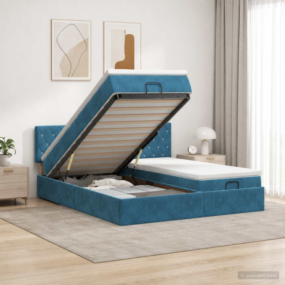 vidaXL Ottoman bed met matras met hoofdeinde 2 pcs Donkerblauw Fluweel afbeelding 1