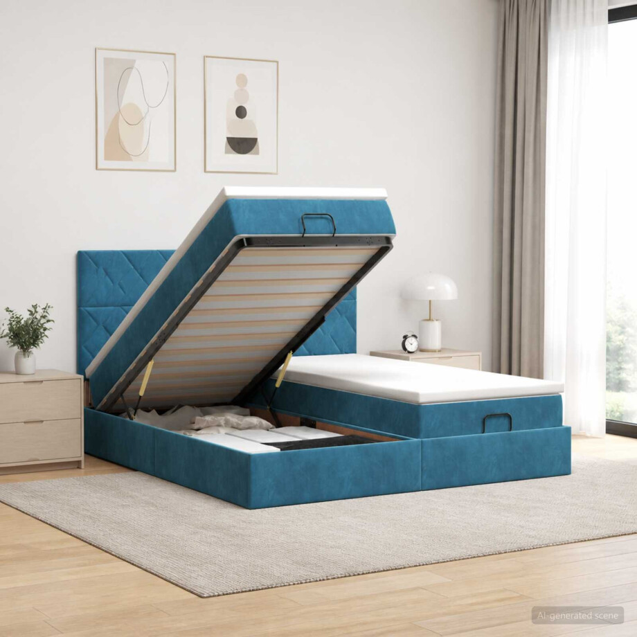 vidaXL Ottoman bed met matras met hoofdeinde 2 st Donkerblauw Fluweel vidaXL Ottoman bed met matras met hoofdeinde 2 st Donkerblauw Fluweel afbeelding 1