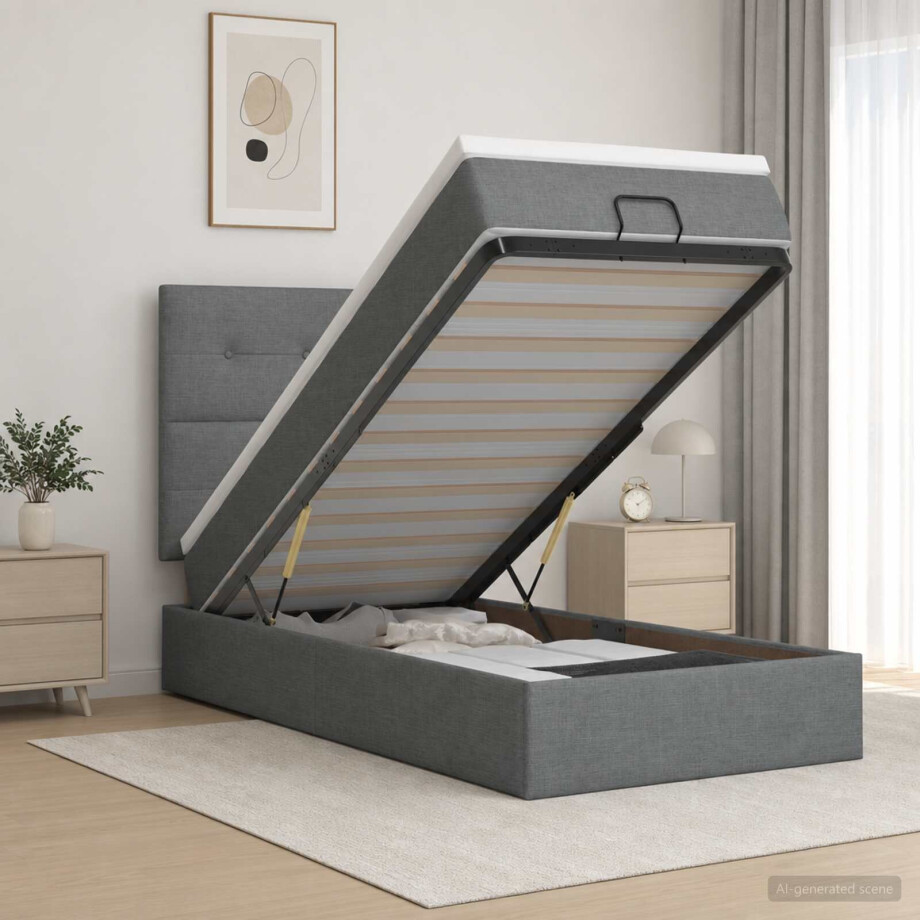 vidaXL Ottoman bed met matras Donkergrijs 90 x 190 cm Stof afbeelding 1