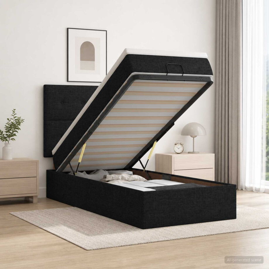 vidaXL Ottoman bed met matras met hoofdeinde Zwart 100 x 200 cm Stof afbeelding 1